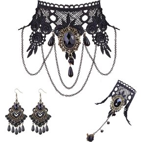 FINREZIO Black Lace Necklace Long Fingerless Gloves and Pendant Earrings Set for Women Halloween Steampunk Wedding Party Mascarade Costume Jewelry Sets in Saudi Arabia