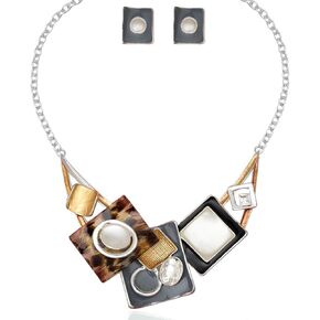 CSY Fashion Boho Oval Crystal Opals Statement Bib Necklace Earrings Bohemian Enamel Costume Jewelry Set Gifts for Women