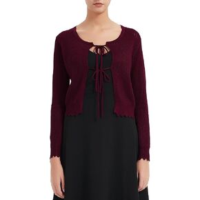 Women's Tie Front Knit Cropped Cardigan Long Sleeve Crochet Sweater Shrug Top
