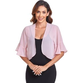 Womens Shrug Chiffon Short Sleeve Open Front Sheer Cardigan for Evening Dress
