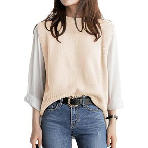 PEIQI Womens Sweater Vest Crop Knitted Sleeveless Sweaters Solid Casual Basic Tops