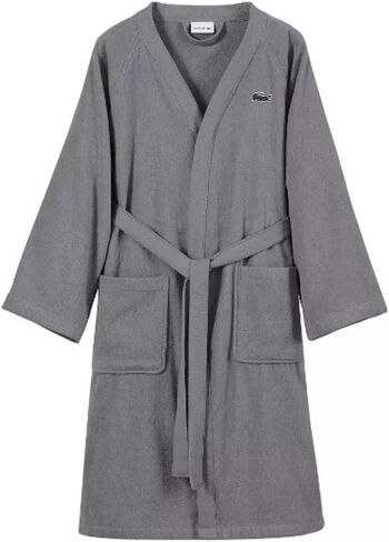 Lacoste Classic Pique 100% Cotton Bath Robe for Men & Women, One Size Fits Most, Meteorite Grey in Saudi Arabia