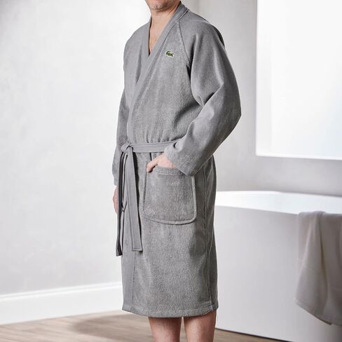 Lacoste Classic Pique 100% Cotton Bath Robe for Men & Women, One Size Fits Most, Meteorite Grey in Saudi Arabia
