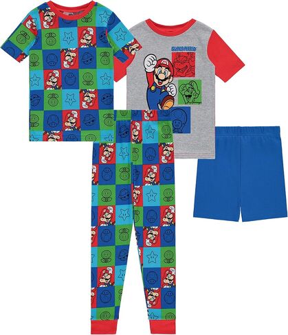 Nintendo Boys Mario Pajamas Set - 4 Piece Short Sleeve Super Mario Pajamas - Short Sleeves, Shorts and Pants Pajamas Set in Saudi Arabia