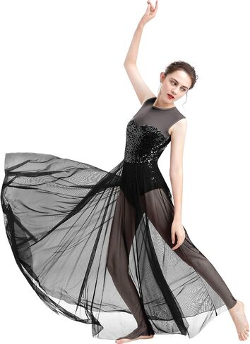 ODASDO Women Lyrical Dance Dress Modern Contemporary Dancewear Costume Sequins Tank Leotard Tulle Maxi Overlay Dress in Kuwait