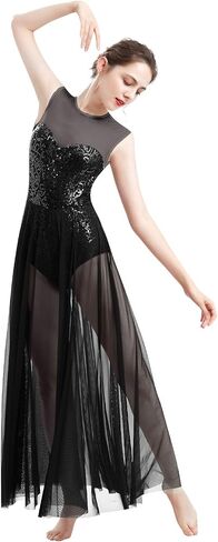 ODASDO Women Lyrical Dance Dress Modern Contemporary Dancewear Costume Sequins Tank Leotard Tulle Maxi Overlay Dress in Kuwait