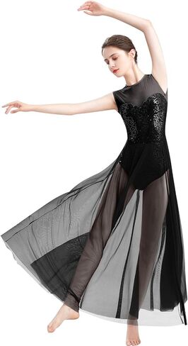 ODASDO Women Lyrical Dance Dress Modern Contemporary Dancewear Costume Sequins Tank Leotard Tulle Maxi Overlay Dress in Kuwait
