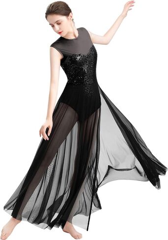 ODASDO Women Lyrical Dance Dress Modern Contemporary Dancewear Costume Sequins Tank Leotard Tulle Maxi Overlay Dress in Kuwait