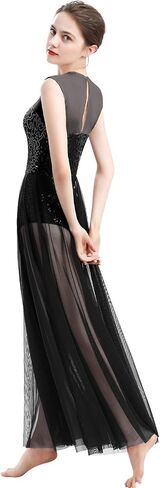 ODASDO Women Lyrical Dance Dress Modern Contemporary Dancewear Costume Sequins Tank Leotard Tulle Maxi Overlay Dress in Kuwait