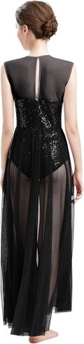 ODASDO Women Lyrical Dance Dress Modern Contemporary Dancewear Costume Sequins Tank Leotard Tulle Maxi Overlay Dress in Kuwait