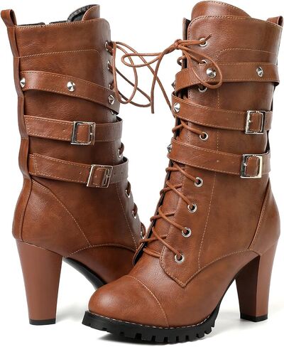 High Heel Boots for Women,Womens Platform Boot Heels Sexy Round Toe Lace UP High Heels Mid Calf Boots in Kuwait