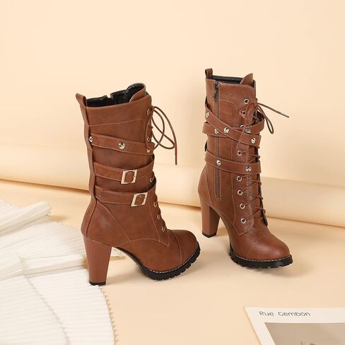 High Heel Boots for Women,Womens Platform Boot Heels Sexy Round Toe Lace UP High Heels Mid Calf Boots in Kuwait