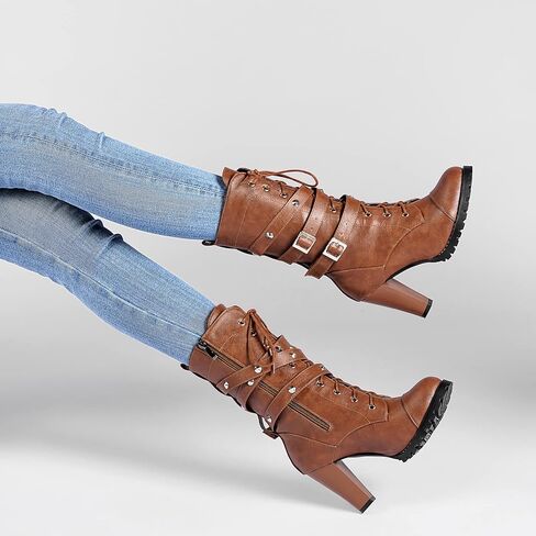 High Heel Boots for Women,Womens Platform Boot Heels Sexy Round Toe Lace UP High Heels Mid Calf Boots in Kuwait