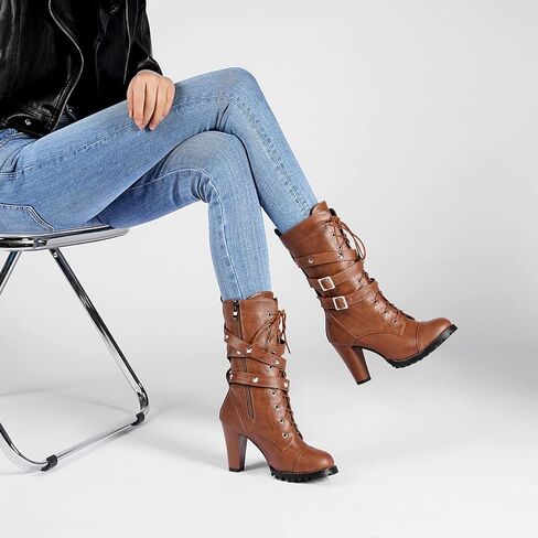 High Heel Boots for Women,Womens Platform Boot Heels Sexy Round Toe Lace UP High Heels Mid Calf Boots in Kuwait