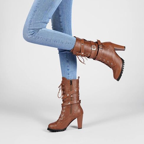 High Heel Boots for Women,Womens Platform Boot Heels Sexy Round Toe Lace UP High Heels Mid Calf Boots in Kuwait