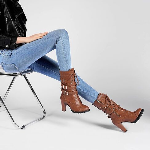 High Heel Boots for Women,Womens Platform Boot Heels Sexy Round Toe Lace UP High Heels Mid Calf Boots in Kuwait