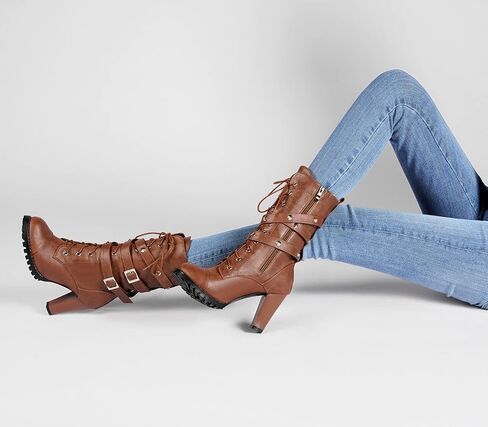 High Heel Boots for Women,Womens Platform Boot Heels Sexy Round Toe Lace UP High Heels Mid Calf Boots in Kuwait
