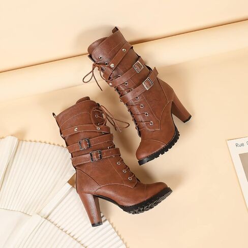 High Heel Boots for Women,Womens Platform Boot Heels Sexy Round Toe Lace UP High Heels Mid Calf Boots in Kuwait