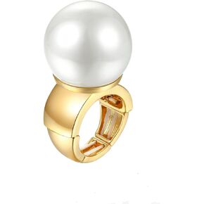 Wellotus Women's Statement Adjustable Pearl Ring Hip Hop Gold Stretch Beaded Finger Ring Costume Cocktail Disco Party Jewelry in Saudi Arabia