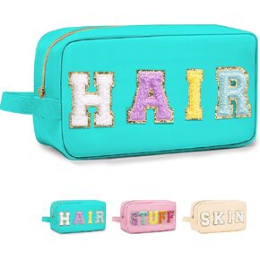 Preppy Makeup Bag for Women, Cosmetic Bag Letter Pouch Purse with Handle, Waterproof Portable Glitter Nylon Travel Toiletry SKIN Organizer with Zipper, Beige