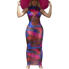 Bluewolfsea Womens Sexy See Through Mesh Printed Bodycon Maxi Dress Sheer Long Party Club Dresses Beach Coverups