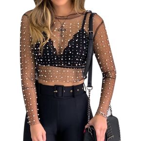 Women Sexy Pearl See Through Long Sleeve Crop Tops Mesh Sheer Rhinestone Blouse Shirts Party Clubwear