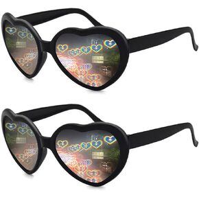 2 Pack Heart Shaped Diffraction Glasses for Women, Heart Effect Sunglasses are Perfect for Valentines Day Accessories, Rave Party, Wedding Party, Musical Evening, Fireworks Shows.