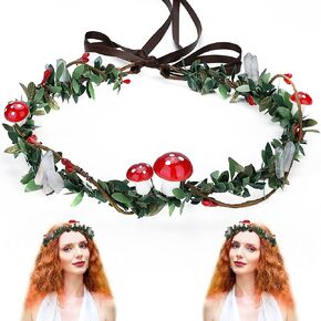MOSTORY Mushroom Flower Headband Fairy Woodland Crown Headpiece Mossy Holly Circlet Tiara Red Mushrooms Hair Wreath Christmas Crown for Women Girls Renaissance Festival Costume Accessories