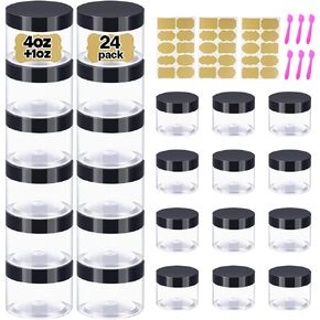 8 oz Plastic Containers with Lids + 4oz Small Containers with Lids (Set of 24) Plastic Jars with Lids Cosmetic Jar - for Lip Scrub, Body Butters, Cream, Slime, Craft Storage
