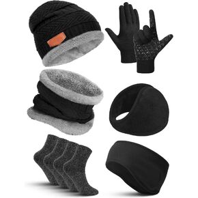 Geyoga 7 Pcs Winter Beanie Hat Scarf Gloves Ear Warmer Socks Set for Men and Women Fleece Lining Beanie Touchscreen Gloves