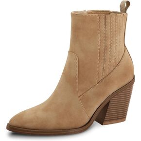 mysoft Women's Ankle Boots Stacked Chunky Mid Heel Pointed Toe Side Hidden Elastic Western Booties