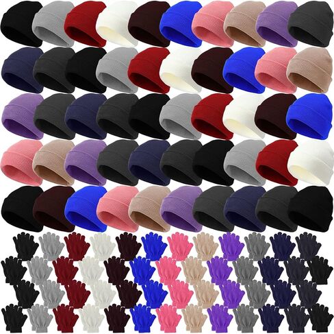 Toulite 100 Pcs Winter Beanies Gloves, Winter Hats Gloves Bulk for Toddler, Gloves and Hats for Kids Bulk, Children Warm Cold Weather Hats for Children School Donation Set in Kuwait