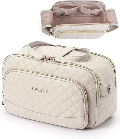 حقيبة مكياج للسفر من باغسمارت، حقيبة تنظيم حقيبة مستحضرات التجميل، حقيبة سفر محمولة للنساء لإكسسوارات السفر، حقيبة أدوات الزينة للمكياج مع سحاب مزدوج كبير مفتوح ومقبض أسود in Kuwait