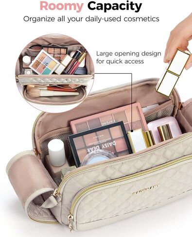 حقيبة مكياج للسفر من باغسمارت، حقيبة تنظيم حقيبة مستحضرات التجميل، حقيبة سفر محمولة للنساء لإكسسوارات السفر، حقيبة أدوات الزينة للمكياج مع سحاب مزدوج كبير مفتوح ومقبض أسود in Kuwait