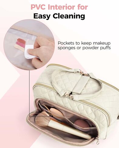 حقيبة مكياج للسفر من باغسمارت، حقيبة تنظيم حقيبة مستحضرات التجميل، حقيبة سفر محمولة للنساء لإكسسوارات السفر، حقيبة أدوات الزينة للمكياج مع سحاب مزدوج كبير مفتوح ومقبض أسود in Kuwait