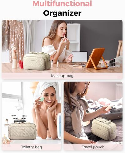 حقيبة مكياج للسفر من باغسمارت، حقيبة تنظيم حقيبة مستحضرات التجميل، حقيبة سفر محمولة للنساء لإكسسوارات السفر، حقيبة أدوات الزينة للمكياج مع سحاب مزدوج كبير مفتوح ومقبض أسود in Kuwait