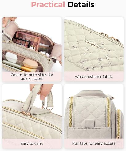 حقيبة مكياج للسفر من باغسمارت، حقيبة تنظيم حقيبة مستحضرات التجميل، حقيبة سفر محمولة للنساء لإكسسوارات السفر، حقيبة أدوات الزينة للمكياج مع سحاب مزدوج كبير مفتوح ومقبض أسود in Kuwait