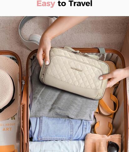 حقيبة مكياج للسفر من باغسمارت، حقيبة تنظيم حقيبة مستحضرات التجميل، حقيبة سفر محمولة للنساء لإكسسوارات السفر، حقيبة أدوات الزينة للمكياج مع سحاب مزدوج كبير مفتوح ومقبض أسود in Kuwait