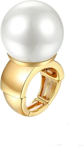 Wellotus Women's Statement Adjustable Pearl Ring Hip Hop Gold Stretch Beaded Finger Ring Costume Cocktail Disco Party Jewelry in Kuwait