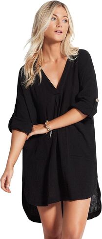 Seafolly Women's V Neck Cover Up Dress with Roll Sleeves in Kuwait