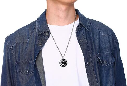 Allah Medallion Necklace, Stainless Steel Islamic Jewelry,Arabic Jewelry,Allah Name of God Round Pendant Necklace for Women and Men with Agate Beaded Chain, Muslim Gift Jewelry,Christmas Gift in Kuwait