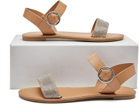 صنادل مسطحة للسيدات من COLGO، صنادل صيفية كاجوال مع صنادل زفاف بإبزيم كاحل من حجر الراين in Kuwait
