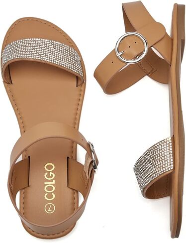 صنادل مسطحة للسيدات من COLGO، صنادل صيفية كاجوال مع صنادل زفاف بإبزيم كاحل من حجر الراين in Kuwait