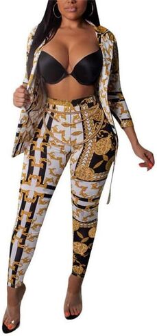 سترات LROSEY نسائية مطبوعة باللونين الأسود والذهبي تناسب السراويل الضيقة من قطعتين in Kuwait