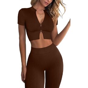 Mulisky Women’s 2 Piece Workout Sets for Women Zipper Ribbed Crop Top Seamless High Waist Leggings Gym Yoga Outfits in Kuwait