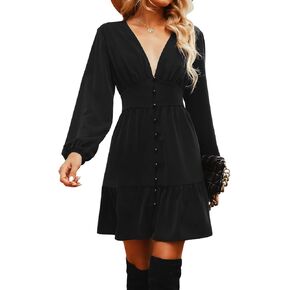 CUPSHE Women's Solid Midi Dresses A-line Button Down Deep V Neck Long Sleeves Fall Dress in Kuwait