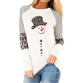 Christmas Snowman Striped Leopard Shirt Women Xmas Leopard Striped Splicing Shirt Color Block Casual Long Sleeve Tops