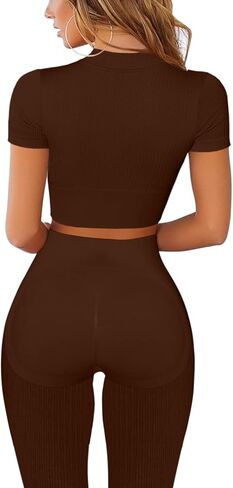 Mulisky Women’s 2 Piece Workout Sets for Women Zipper Ribbed Crop Top Seamless High Waist Leggings Gym Yoga Outfits in Kuwait