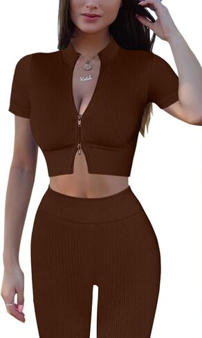 Mulisky Women’s 2 Piece Workout Sets for Women Zipper Ribbed Crop Top Seamless High Waist Leggings Gym Yoga Outfits in Kuwait