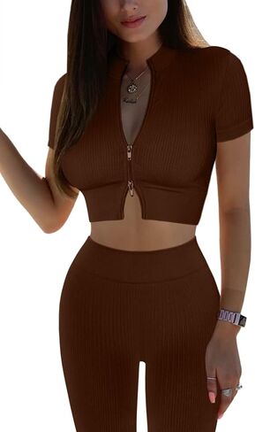 Mulisky Women’s 2 Piece Workout Sets for Women Zipper Ribbed Crop Top Seamless High Waist Leggings Gym Yoga Outfits in Kuwait